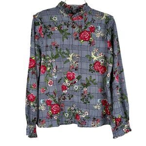 Jeuvre Floral Ruffle Plaid Mock Turtleneck Long Sleeve Blouse Medium